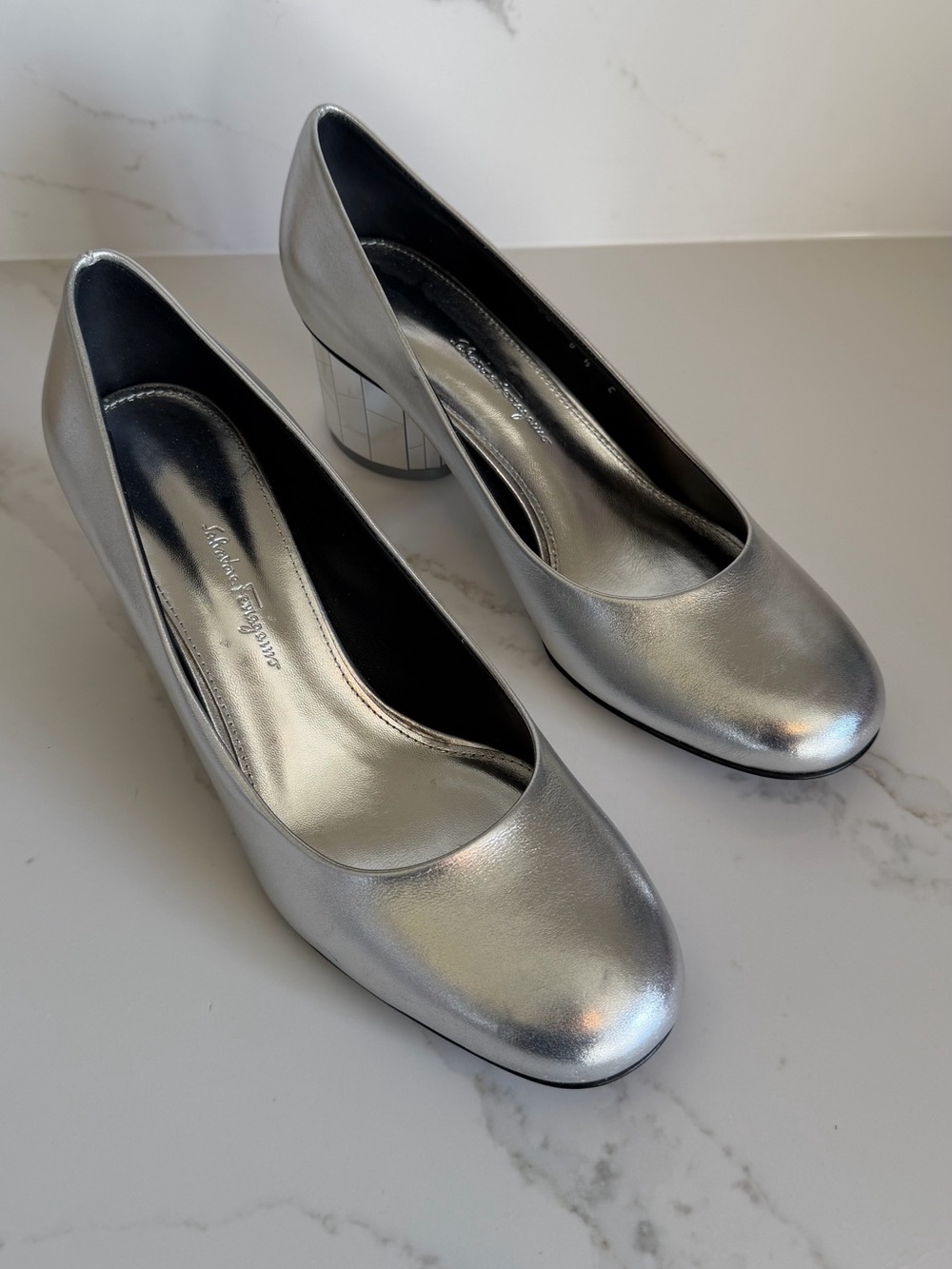 Salvatore Ferragamo Metallic Silver Round-Toe Mirrored Block Heel Pumps